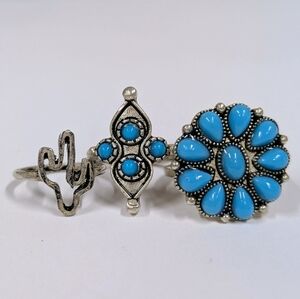 Set Of Three  Rustic Boho Desert Turquoise And Cactus Rings